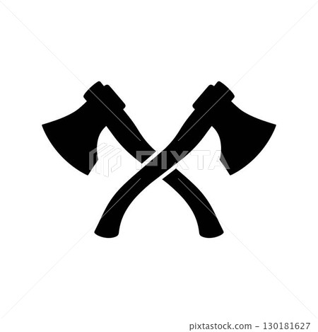 Two crossed battle-axes vector art in a bold black silhouette representing strength and history, isolated on a white background Two crossed battle-axes vector art in a bold black silhouette representing strength and history, isolated on a white background 130181627