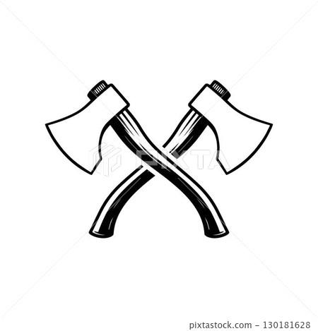 Two crossed axes vector art forming a silhouette symbol of a lumberjack or woodcutting profession, isolated on a white background 130181628