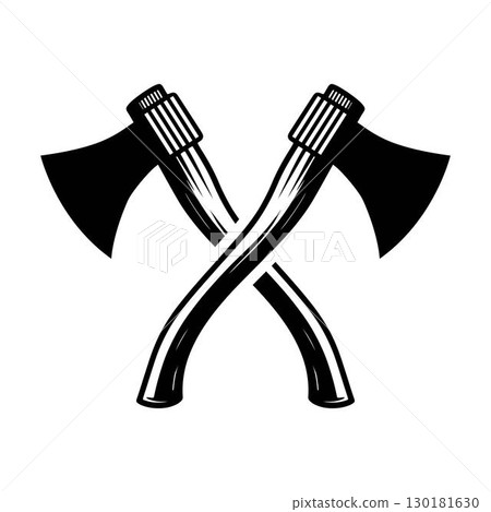 Two crossed vintage axe icon vector art heads with wooden handles forming an X shape in a striking silhouette, isolated on a white background 130181630