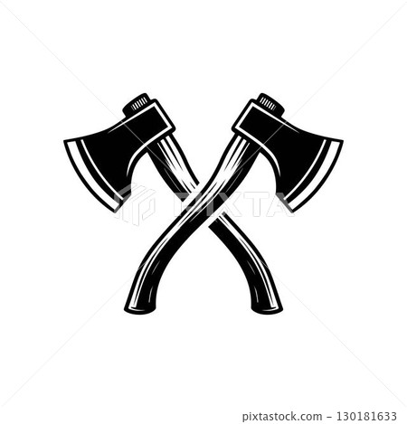 Two crossed axes vector art forming an X shape in a bold black silhouette style, isolated on a white background Two crossed axes vector art forming an X shape in a bold black silhouette style, isolated on a white background 130181633
