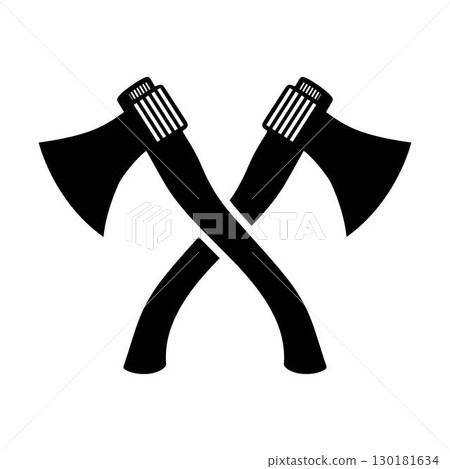 Two crossed axe heads in a bold black silhouette icon vector art, a symbol of strength and lumberjack heritage, isolated on a white background 130181634
