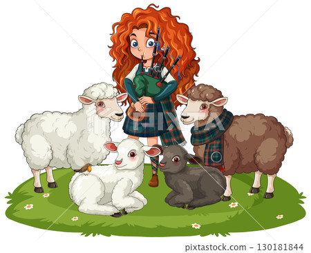 Scottish Girl Playing Bagpipes Surrounded by Sheep 130181844