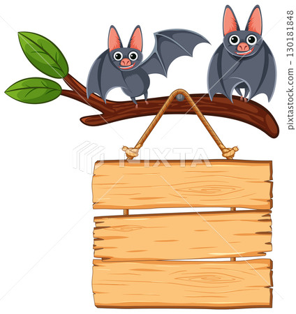 Two Cartoon Bats on Branch Above Wooden Sign Two Cartoon Bats on Branch Above Wooden Sign 130181848