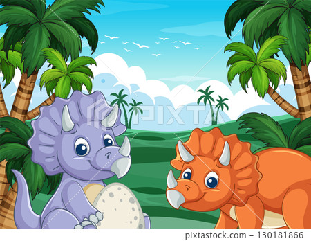 Playful Dinosaurs in a Lush Jungle Setting 130181866