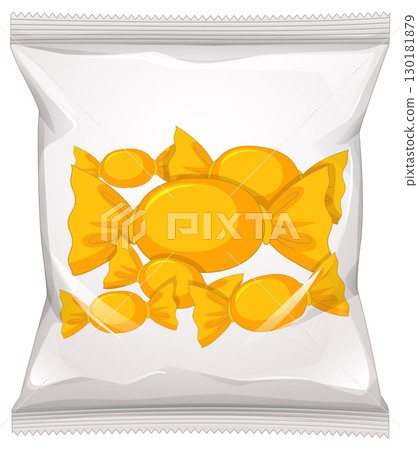 Yellow Wrapped Candies in Transparent Plastic Packet 130181879