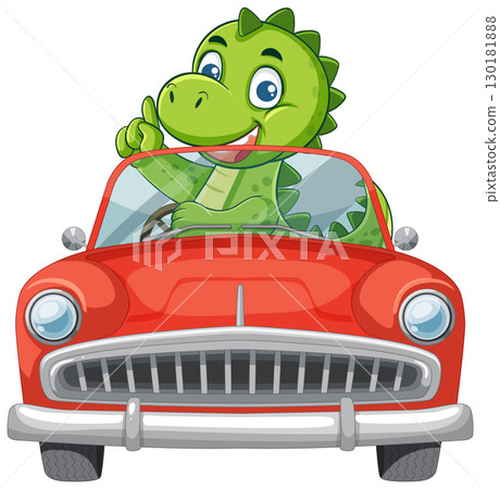 Cartoon Dinosaur Driving Classic Red Convertible Car 130181888