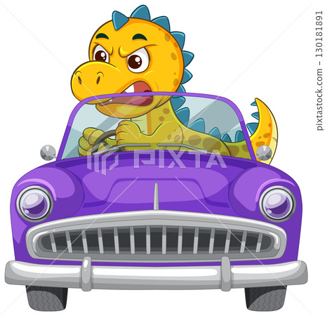 Angry Cartoon Dinosaur Driving Classic Purple Car Angry Cartoon Dinosaur Driving Classic Purple Car 130181891