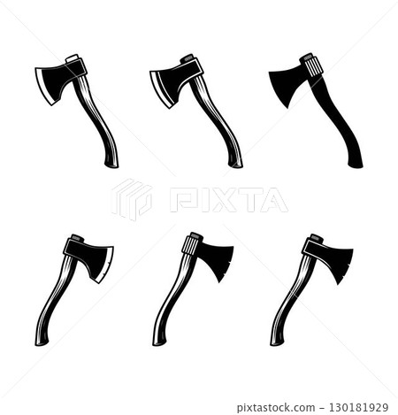 Axe silhouette icon set vector art illustration bundle design template. Collection of rustic hand-drawn axe silhouettes in black and white isolated on a white background 130181929