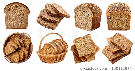 Multigrain bread bun loaf slice on transparent cutout, PNG file. Many assorted different angles, stack, basket, pile, slice. Mockup template for artwork 130181974