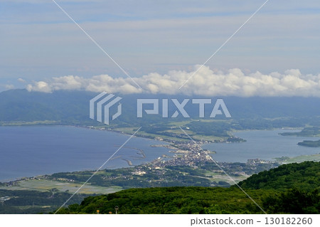 Overlooking Ryotsu Bay and Lake Kamo in the Ryotsu district of Sado City from Donden Plateau on Sado Island Overlooking Ryotsu Bay and Lake Kamo in the Ryotsu district of Sado City from Donden Plateau on Sado Island 130182260