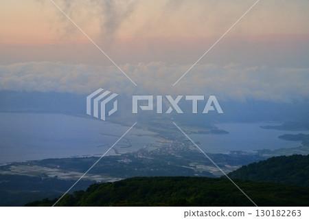 Overlooking Ryotsu Bay at sunrise and Lake Kamo in the Ryotsu district of Sado City from Donden Plateau on Sado Island 130182263