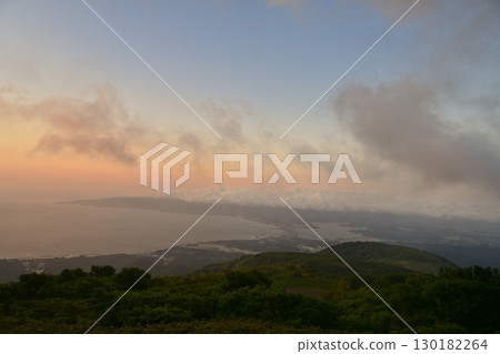 Overlooking Ryotsu Bay at sunrise and Lake Kamo in the Ryotsu district of Sado City from Donden Plateau on Sado Island 130182264