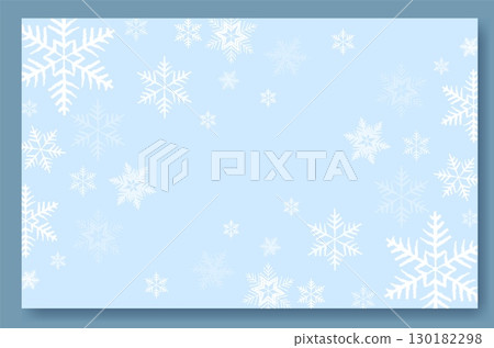 Delicate snowflakes are illustrated in various sizes on a soft blue backdrop. This design evokes a peaceful winter vibe, perfect for Christmas themes or holiday decorations 130182298