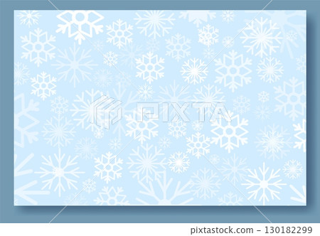 This vector illustration presents a charming winter background filled with various snowflakes against a soothing light blue backdrop, ideal for Christmas and holiday designs 130182299