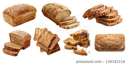 Whole wheat grain wholemeal bread bun loaf slice on transparent cutout, PNG file. Many assorted different angles, stack, broken, torn, pile. Mockup template for artwork 130182318