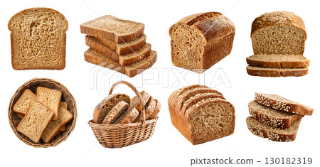 Whole wheat grain wholemeal bread bun loaf slice on transparent cutout, PNG file. Many assorted different angles, stack, basket, pile. Mockup template for artwork 130182319