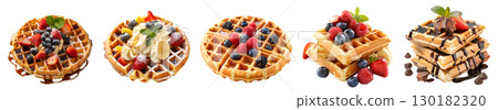Collection of waffle batter, banana, strawberry, chocolate maple honey syrup, whipped cream, raspberry, fruits on transparent cutout, PNG file. Many different flavour. Mockup template 130182320