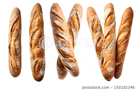 Baguette French bread, top view on transparent background cutout, PNG file. Many assorted different design angles. Mockup template for artwork 130182346