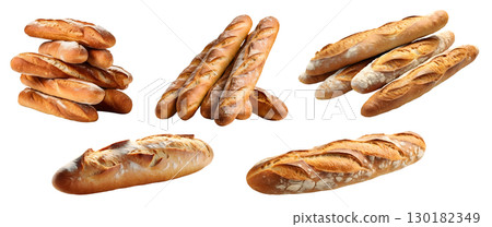 Baguette French bread, group stack tower front side view on transparent background cutout, PNG file. Many assorted different design angles. Mockup template 130182349