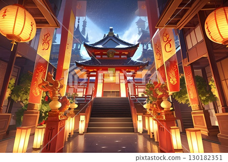 Game background: Japanese-style fantasy entrance to a temple-style palace corridor with lanterns at night 130182351