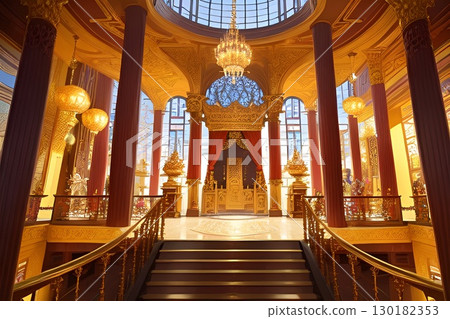 Game background: European fantasy: Stairs and hall leading to the throne room at night 130182353