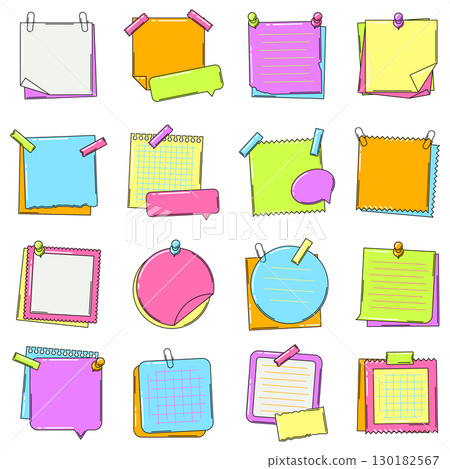 Paper notes set. Stickers with pins and adhesive tapes. Frames or backgrounds for reminder. 130182567