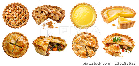 Collection of 4 classic tradition pie tart tartlet. Lattice apple, lemon, Meat beef chicken pot on transparent background cutout PNG file. Mockup template 130182652