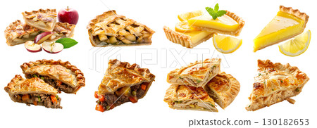 Collection of 4 classic tradition pie tart tartlet slice slices pieces. Meat beef chicken pot, lattice apple, lemon on transparent background cutout PNG file. Mockup template for artwork design 130182653