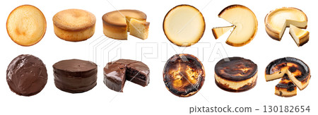 Collection of 4 whole cake pastry dessert set. Burnt Basque and classic Cheesecake, Chocolate fudge, Sponge chiffon butter on transparent background cutout PNG file. Mockup template 130182654