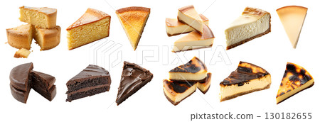 Collection of 4 cake pastry dessert set in slices. Burnt Basque and classic Cheesecake, Chocolate fudge, Sponge chiffon butter on transparent cutout PNG file. Mockup template for artwork 130182655