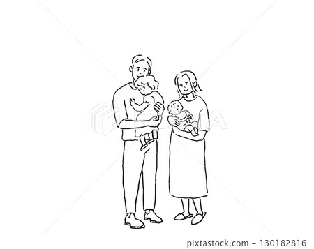 一名婦女抱著一名嬰兒，一名男子抱著一名幼兒（家庭），線條畫 130182816