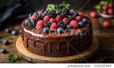 Decadent Chocolate Cake Topped With Fresh Assorted Berries 130182949