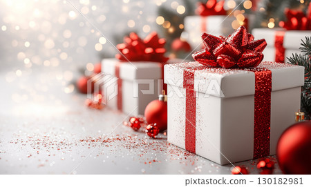 Festive Christmas Gifts with Glitter and Red Bows Under Lights 130182981