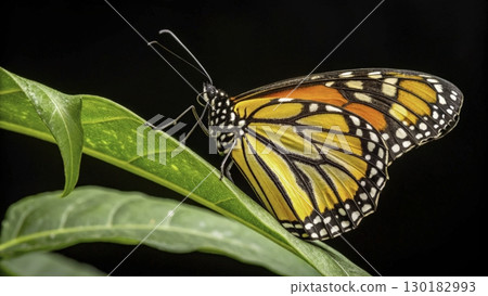 Monarch butterfly resting on a vibrant green leaf in a serene garden 130182993