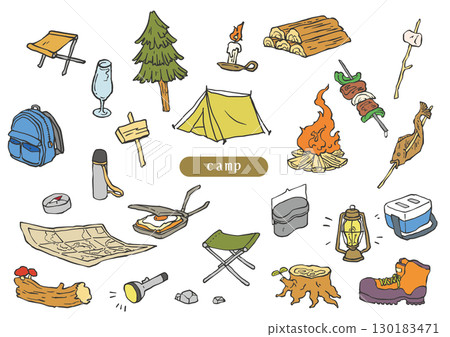 露營設備素描風格彩色插圖 130183471