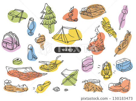 露營設備的素描風格粗略彩色插圖 130183473
