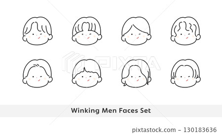 Winking man face icon set line drawing Winking man face icon set line drawing 130183636