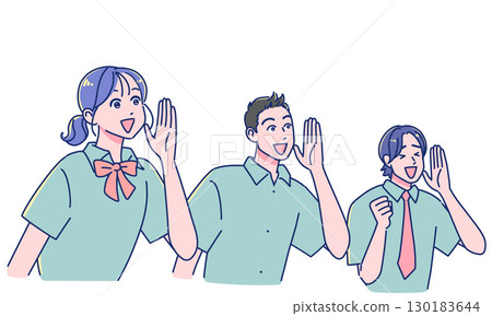 Smiling anime-style male and female students cheering 130183644
