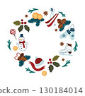 Round frame, wreath, garland with winter holidays design elements: fir branches, snowman, star anise, skis, mittens, skates, oranges, winter clothes, Christmas candy canes. Vector template of New Year 130184014