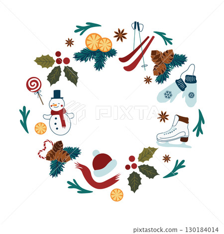 Round frame, wreath, garland with winter holidays design elements: fir branches, snowman, star anise, skis, mittens, skates, oranges, winter clothes, Christmas candy canes. Vector template of New Year 130184014