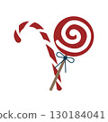 Red and white spiral lollipop and Christmas candy with red and white stripes. Vector flat illustration of candy. New Year bright striped lollipop. Santa's candy cane with striped pattern. 130184041