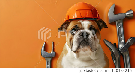 Cute bulldog in orange helmet with hand tools background, Happy Labor Day - Ai Generated 130184216