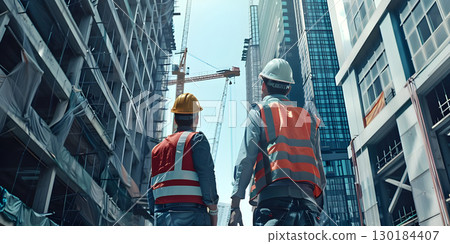 Two colleagues at a construction site background, Happy Labor Day - Ai Generated 130184407