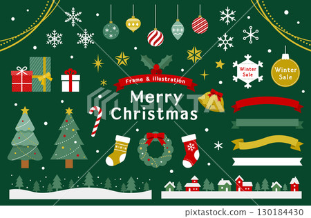 Set of Christmas illustrations and frames: Ornaments, decorations, Christmas trees, presents, crystals Set of Christmas illustrations and frames: Ornaments, decorations, Christmas trees, presents, crystals 130184430