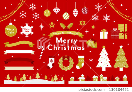 Set of Christmas illustrations and frames: Ornaments, decorations, Christmas trees, presents, crystals 130184431