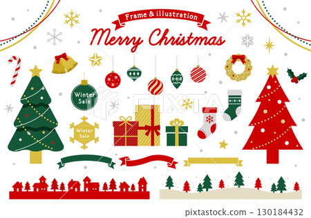 一套聖誕插圖和框架：裝飾品、裝飾品、聖誕樹、禮物、水晶 130184432