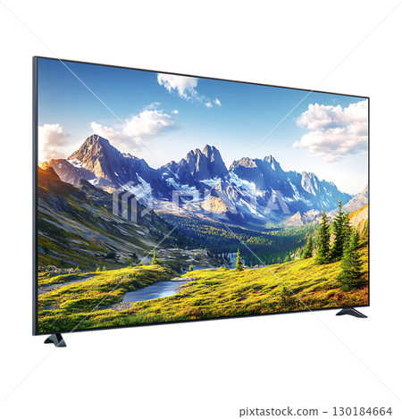 Stunning Mountain Landscape Displayed on a Modern Television Screen On Transparent Background 130184664