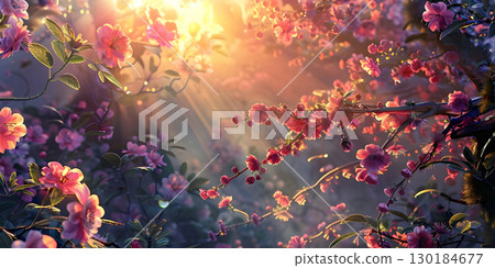 3D render of colorful leaves background with bokeh effect, Beautiful spring blossom - Ai Generated 130184677