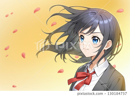 A girl pursuing her dream amidst fluttering cherry blossom petals - brush painting 130184737