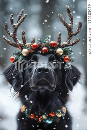 Black dog with reindeer antlers dressed as a Christmas dog 130185059